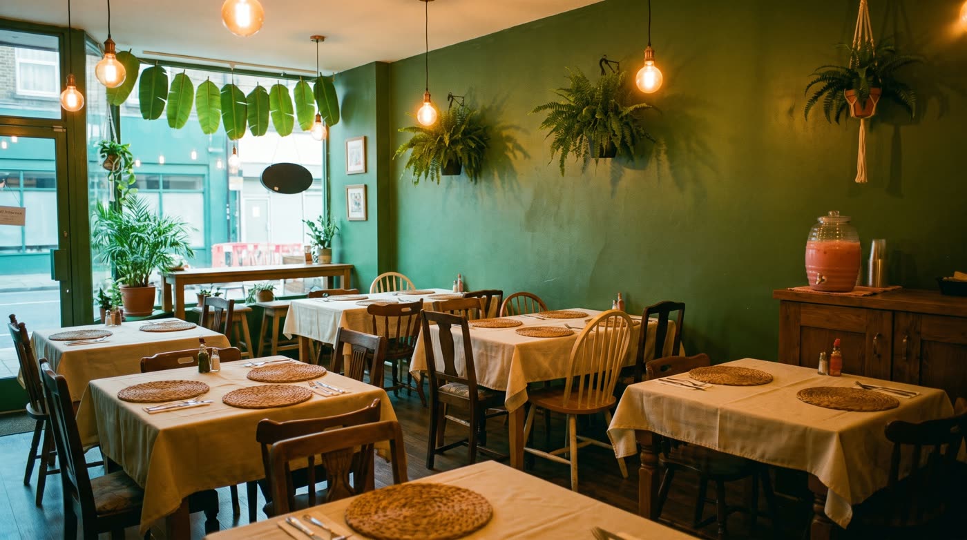 The dining room at dusk: wooden tables under warm pendant bulbs against deep green walls.